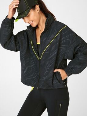 Fabletics Black Marble Cropped Bomber Jacket with Neon Yellow Trim